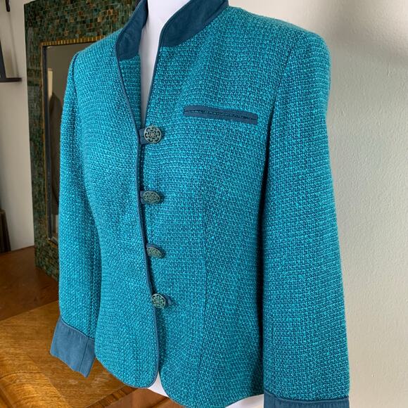 Coldwater Creek Sz 8P Jacket Blazer Teal Blue Tweed Faux Suede Trim Button Front - Picture 9 of 11